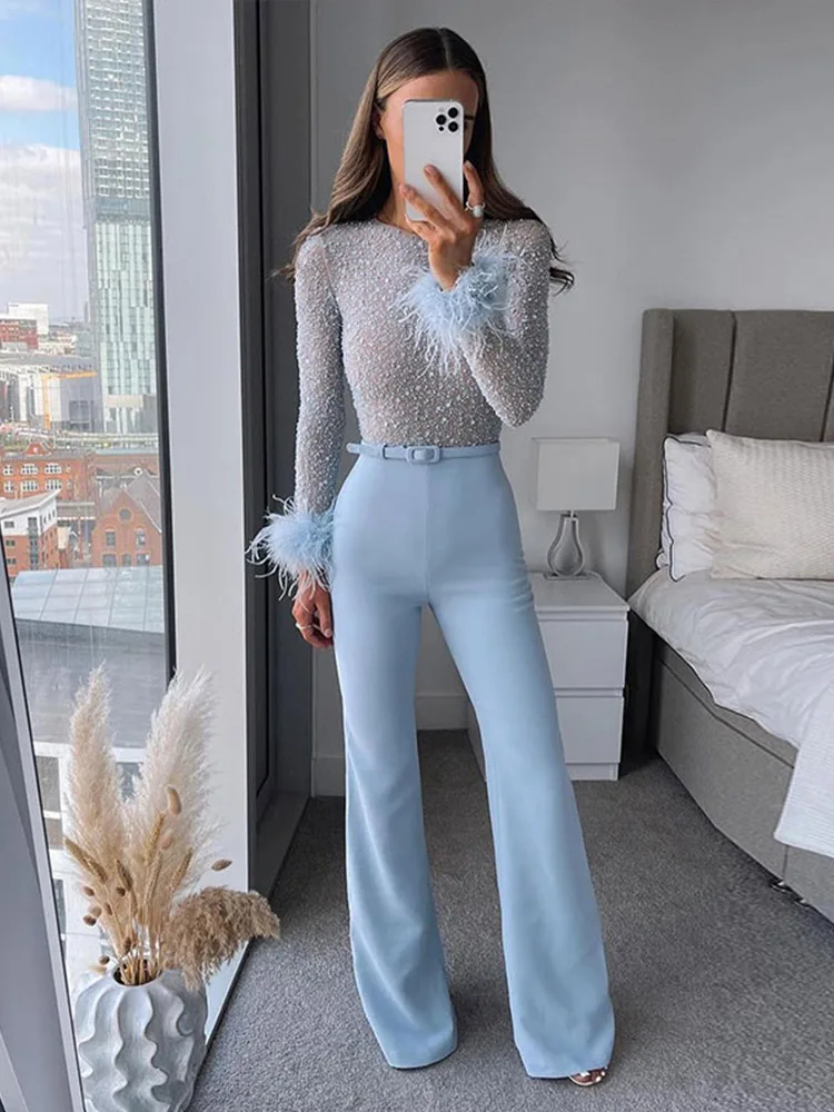 Women Causal Feather-paneled Sequined Faux Pearl Jumpsuit 2023 Spring Elegant Long Sleeve Top Flared Trousers Two Piece Sets