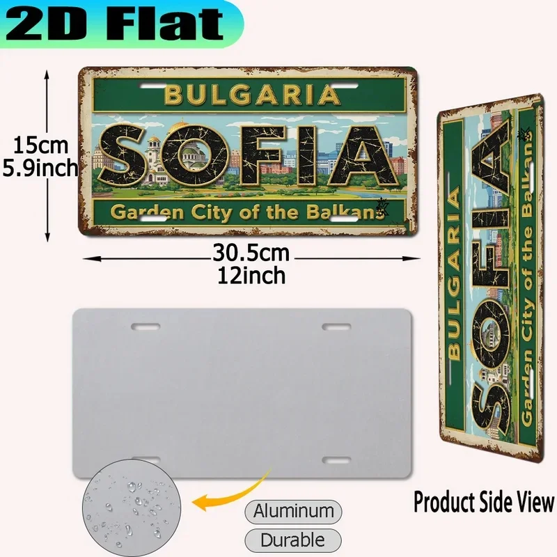2D Flat Bulgaria Sofia Balkan Garden City Retro Metal License Plate Tin Sign Vintage Travel Souvenir Wall Art for Bar Home Decor