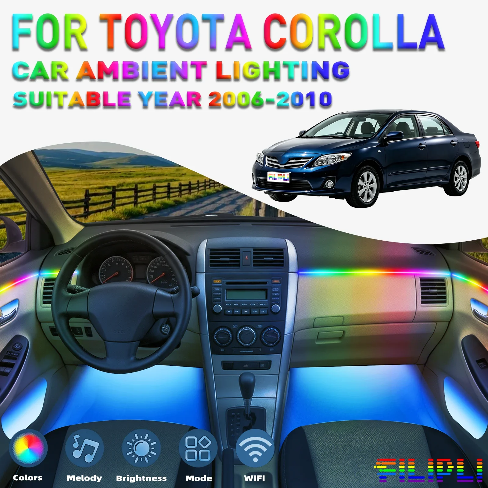 For TOYOTA COROLLA 2006-2010 CAR AMBIENT LIGHTING colorful 6 Lights Kit 256 Colors Iridescent 6-in-1 LED Interior Hidden Acrylic Strip Symphony Atmosphere Lamp Neon Acrylic Light Strip Lighting and Decorative Lamps Long Standby Car Decorative Light