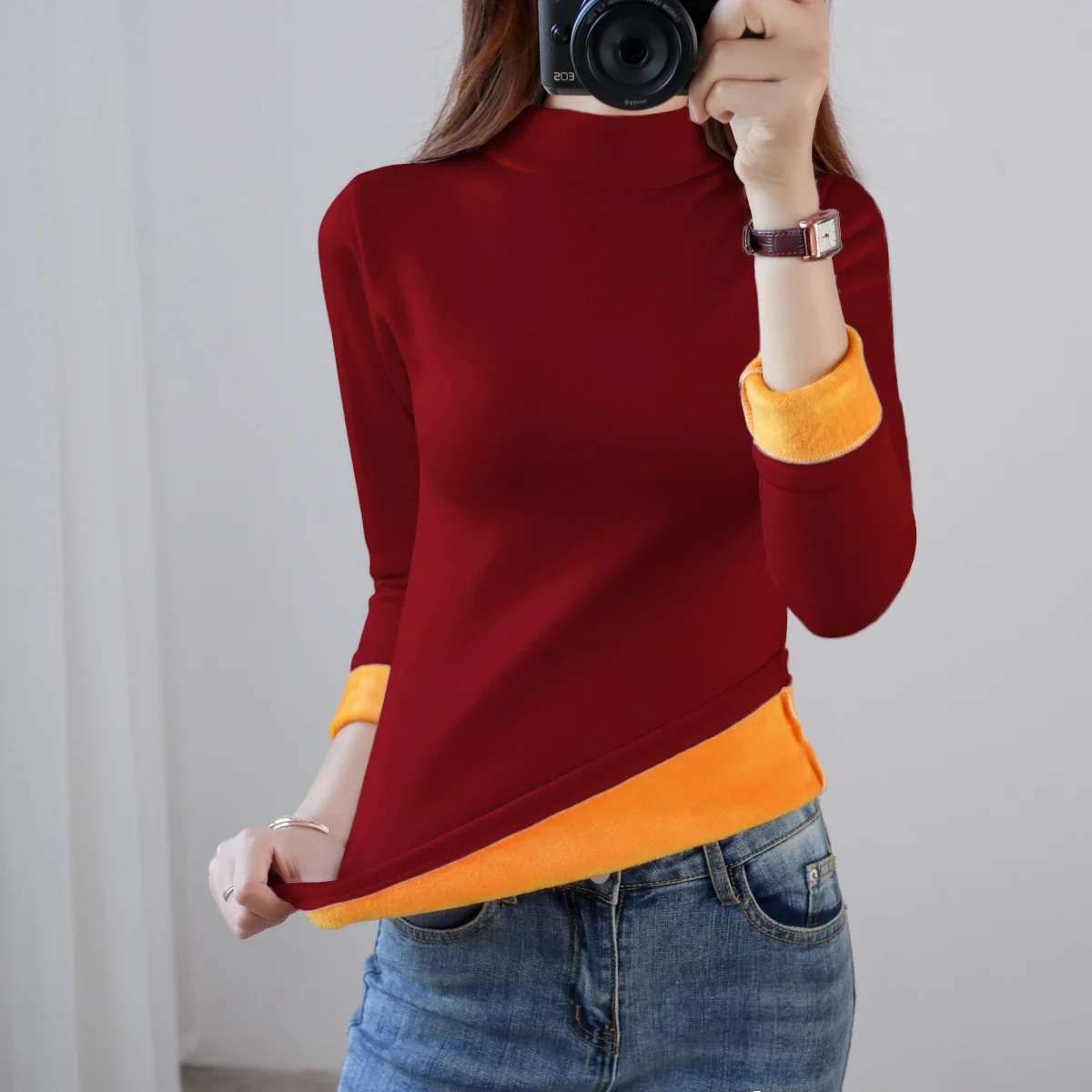 2022 Winter Thermal Underwear Women\'s Thick Velvet One-Piece Tops Wear Female Wool Fleece Mid-High Collar Warm Bottoming Shirt