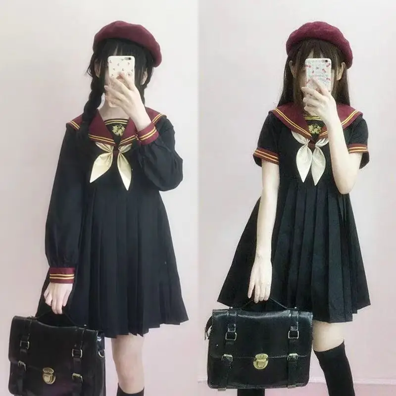 

Original Japanese Preppy Style Navy Collar Sailor Dress Student JK Uniform Women Harajuku Sweet Summer Short A-line Dresses