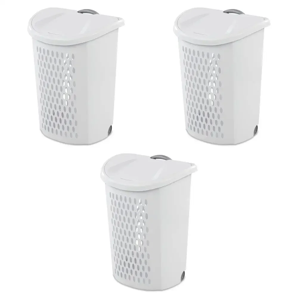 3-Pack Ultra™ Wheeled Laundry Hamper Set White Plastic Hamper with Wheels Retractable Handle & Flip-Top Lid 2 Bushel Capacity