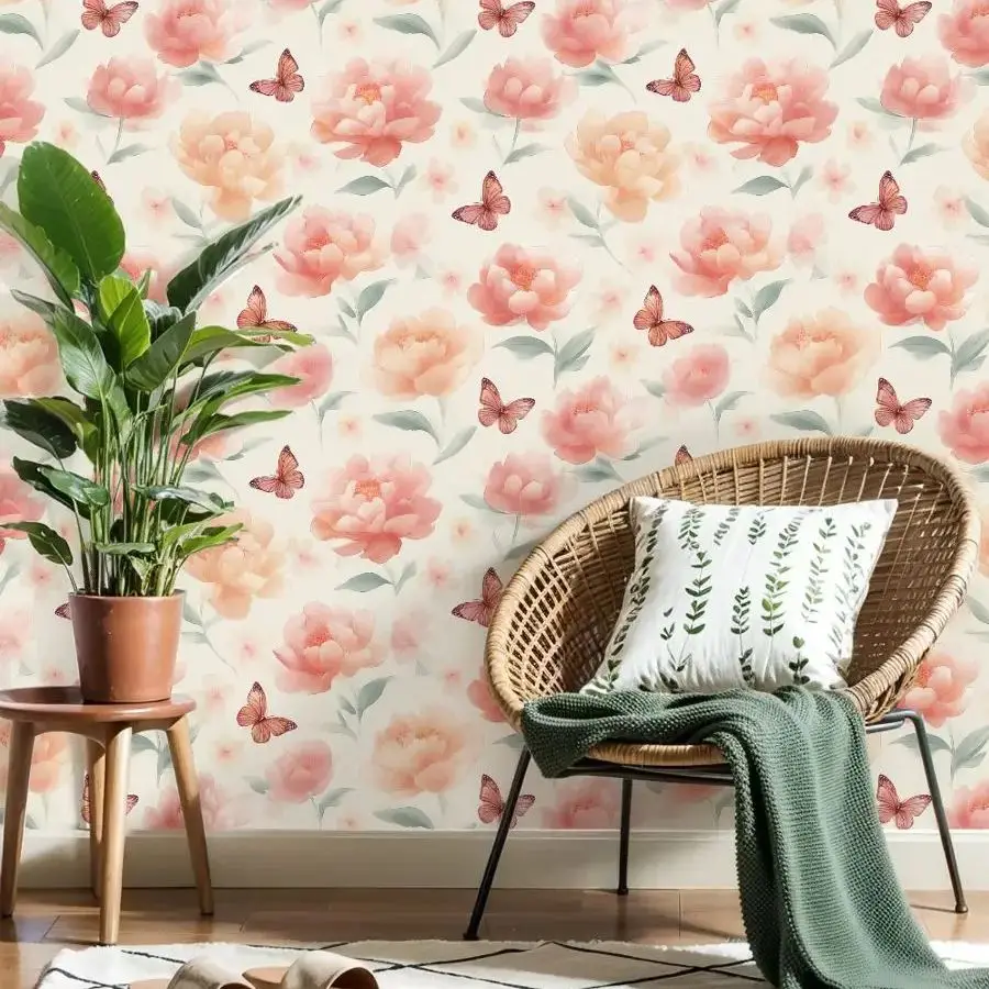 

Персиковые цветочные акварельные обои с бабочками 22,83 "X 118" водонепроницаемые обои для гостиной/спальни/ванной комнаты ПВХ стикер на стену