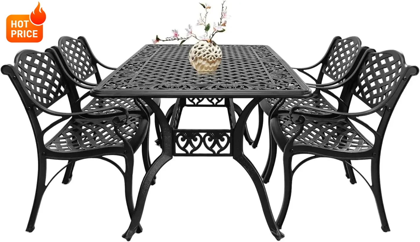 طقم طعام خارجي متين من الألومنيوم المصبوب مكون من 5 قطع، طقم طاولة طعام وكراسي للفناء مكون من 4 قطع، طقم طاولة محادثة معدنية للحديقة