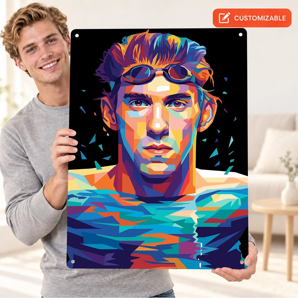 Michael Phelps Goggles Portrait Textured Metal Poster Personalized Aluminum Sign Swim Cap And Graphic Wall Art For Sports Lounge