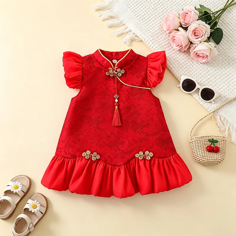 1-3 Years Old Chinese Style Kid Qipao Classic Buckle New Year Dress Adorable Children Clothing Summer Delicate Baby Girl Dresses