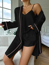 Women's 3-Piece Luxury Satin Pajama Set Camisole Shorts & Robe Coordinated Comfortable Autumn Winter Loungewear