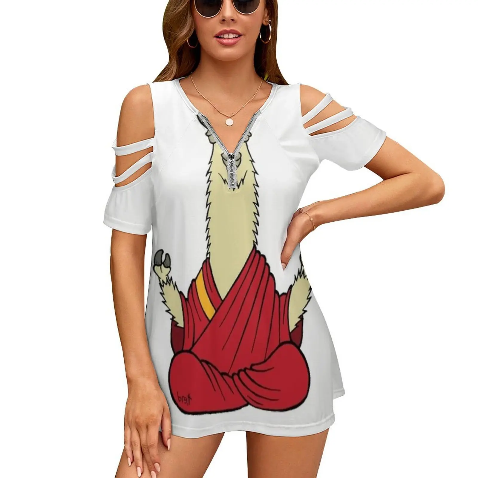 Dali Llama Women Zipper Sexy Printed Vintage T Shirts Tops Full Print T-Shirt Dali Lama Dali Llama Llama Alpaca Buddha