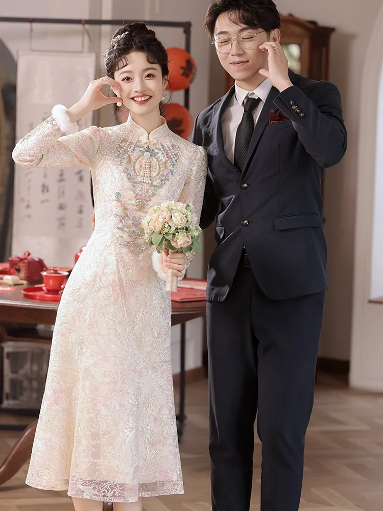 

Ele Engagement Wedding Dr Women's Mid-Length Gown Long Sve Retro Sle for Banquet Par Performance