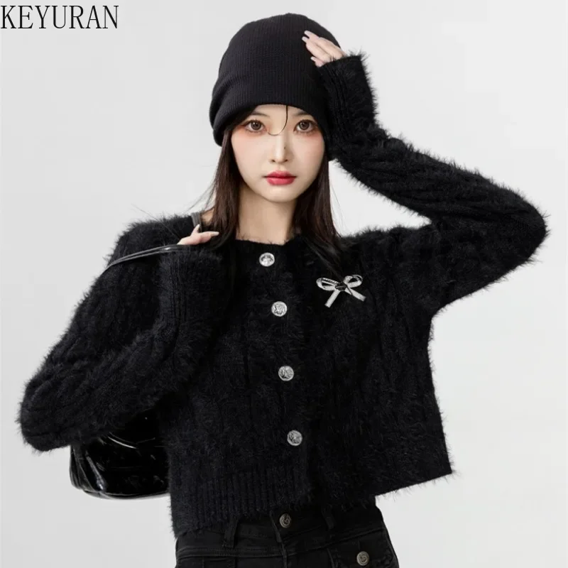 2024 Autumn Winter New Black Mohair Sweater Coat Women\'s Korean Fashion O-Neck Long Sleeve Bow Knitted Cardigan Cropped Tops