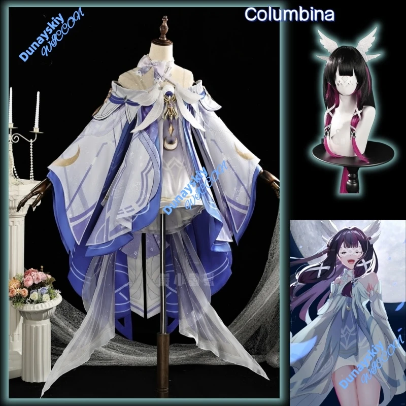

Костюм для косплея Columbina Genshin Impact, парик, головной убор, Fatui Harbinger, платье Damselette, вечерние на Хэллоуин