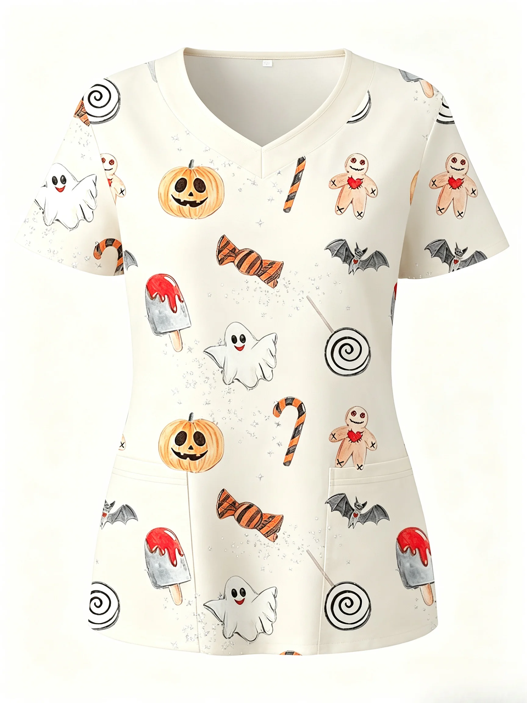 Damen-Scrub-Oberteil mit gruseligem Halloween-Design, Süßigkeiten-Geister-Kürbis-Print, V-Ausschnitt, kurze Ärmel, Taschen, Krankenschwesteruniform für medizinisches Personal – Detail 6