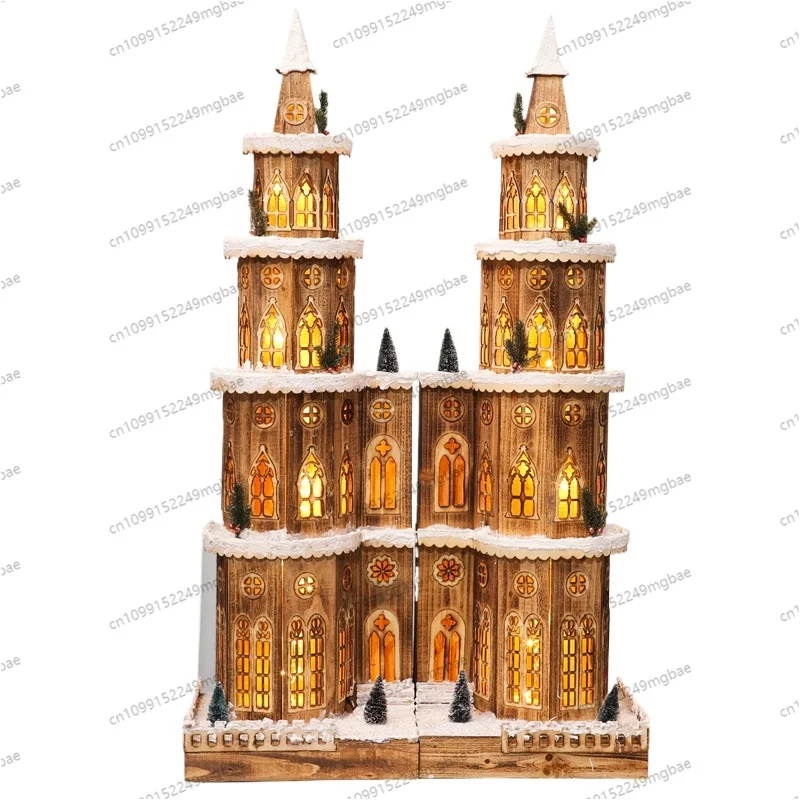 Christmas scene glowing wooden house castle small house hotel shopping mall window large beauty Chen