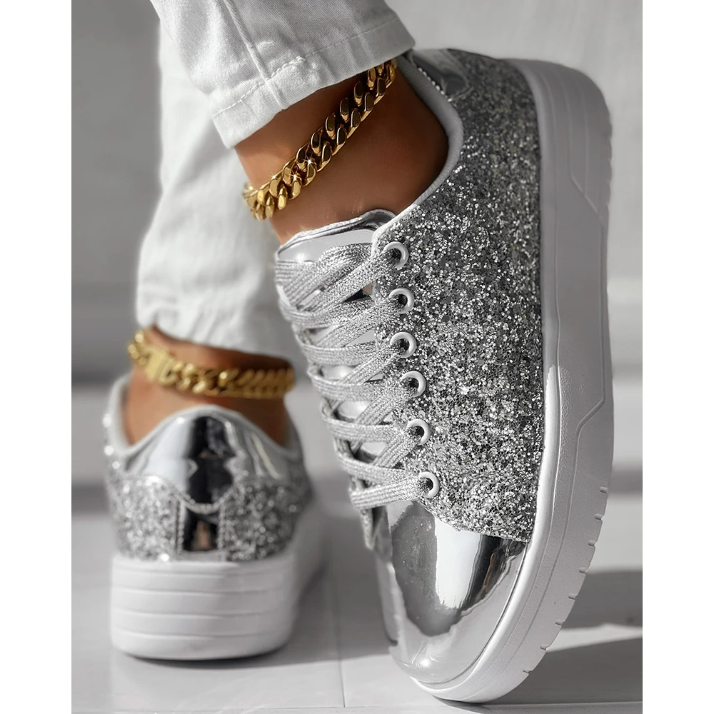 Fashion Women Sequin Decor Flats Sneakers Eyelet Lace-up Espadrille Women Shoes Femme Round Toe Casual Going Out Sports Shoes