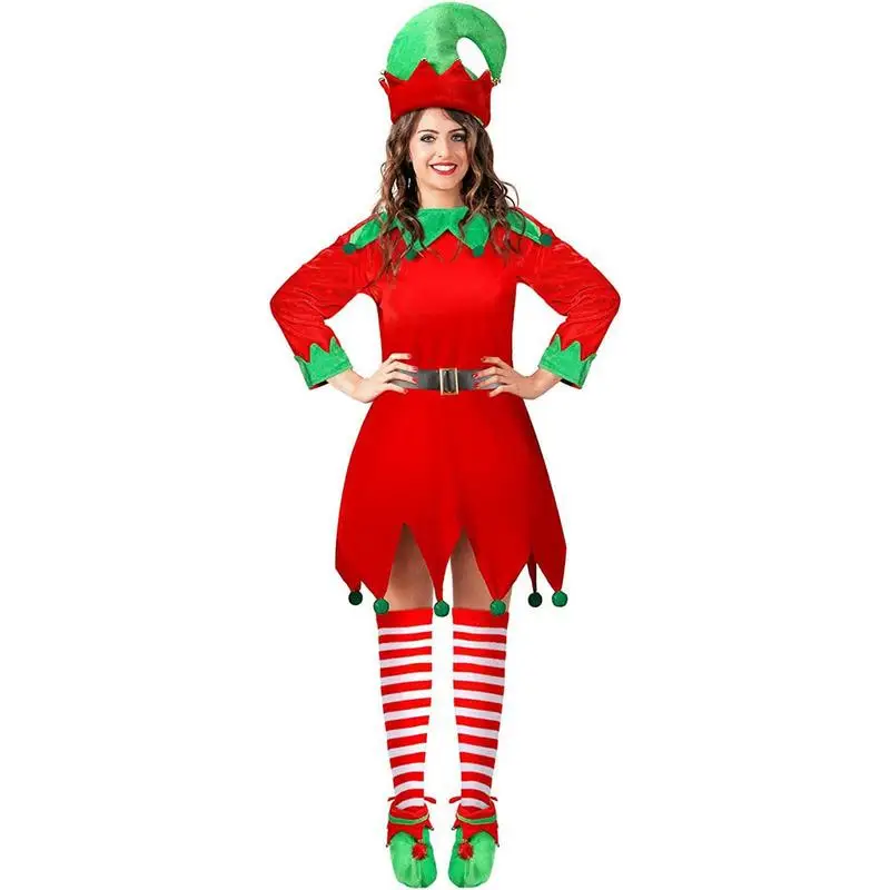 Kids Christmas Elf Costume Set Holiday Toddler Elf Costume Red Green Elf Dress Over Knee Socks Elf Hat Boots Cover Set For