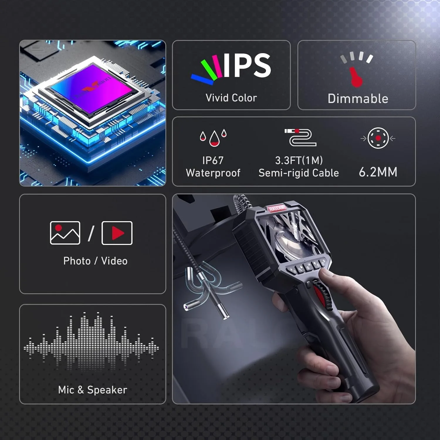 Ralcam Articulating Borescope - كاميرات فحص المنظار 6.2 مم مع 6 مصابيح LED، IP67 محرك كابل شبه صلب مقاوم للماء #4