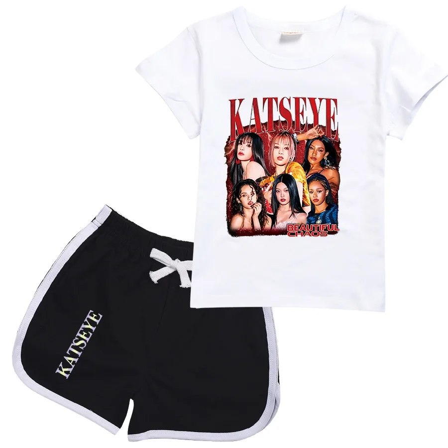 

Новая одежда KATSEYE KPOP, детская хлопковая футболка с круглым вырезом, шорты, комплект из 2 предметов, летние комплекты одежды для маленьких девочек, спортивная одежда с короткими рукавами для мальчиков