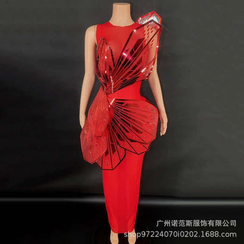 Niche Design Sense Red Temperament Dress Glass Butterfly Fashion Dress Company Annual Meeting Host Evening Wear Birthday Dresses