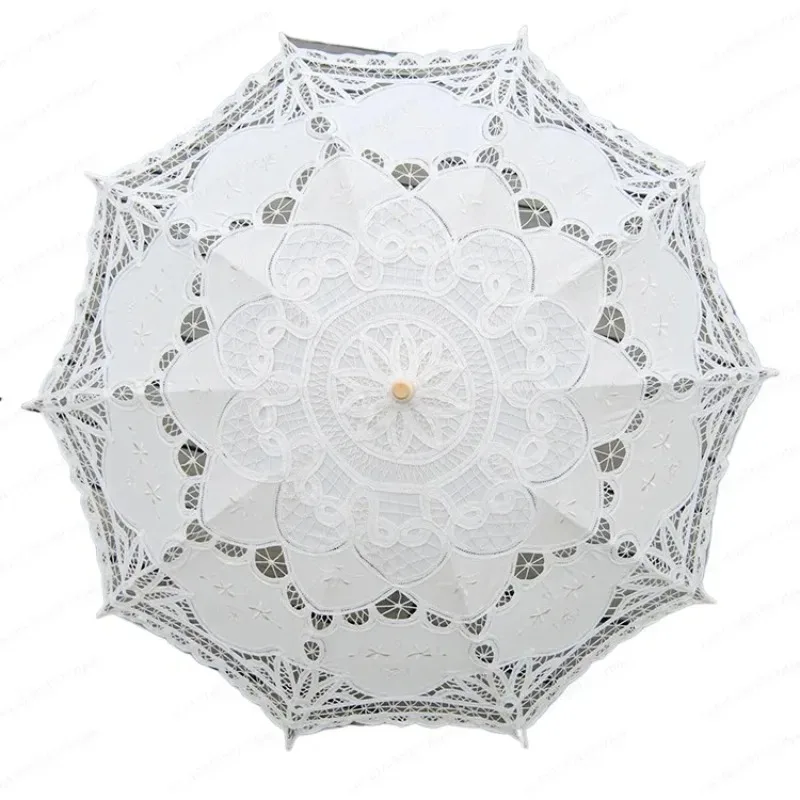 JMZ Embroidery Lace Umbrella Women Vintage Cotton Parasol European Princess Style Hook Handle Wedding Photography Dance Props