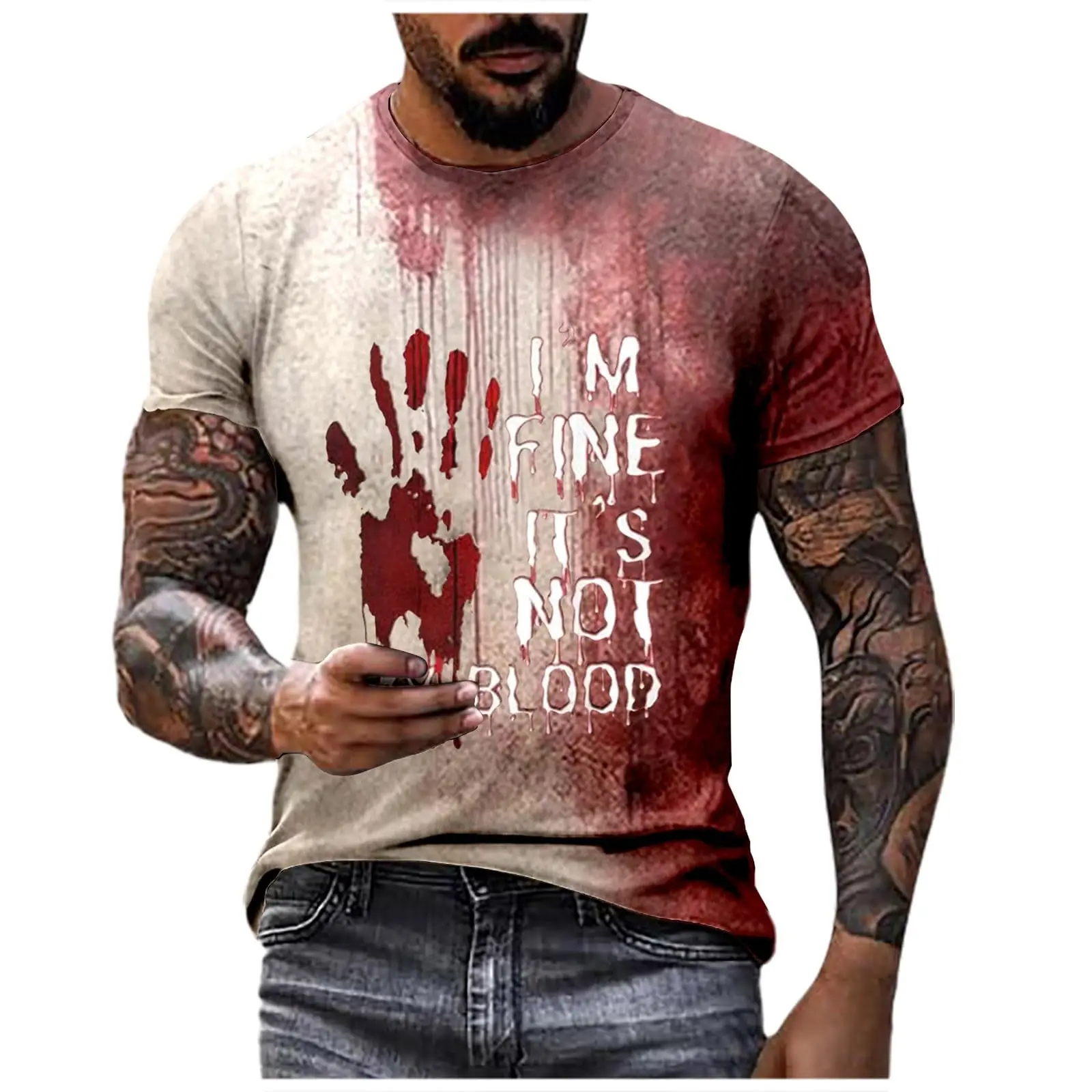 Bloody I'm Fine Halloween Print T-shirt Men's Fashion Casual Halloween T-shirt Men's Short Sleeve Round Neck Top 2024 New