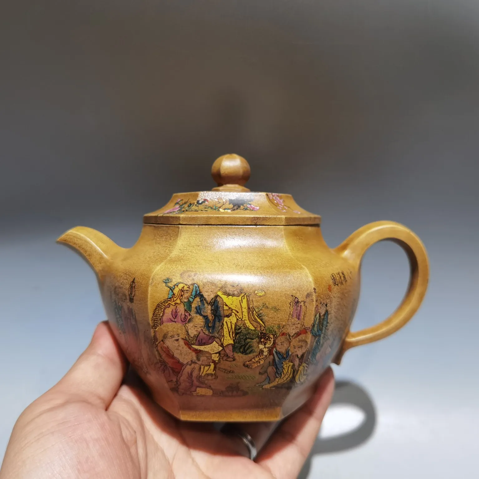 Yixing Teapot Purple Clay Pot Mud painting Eighteen Arhat Eight sided teapot Kettle Teapot Pot Tea Tasting Tea Ceremony
