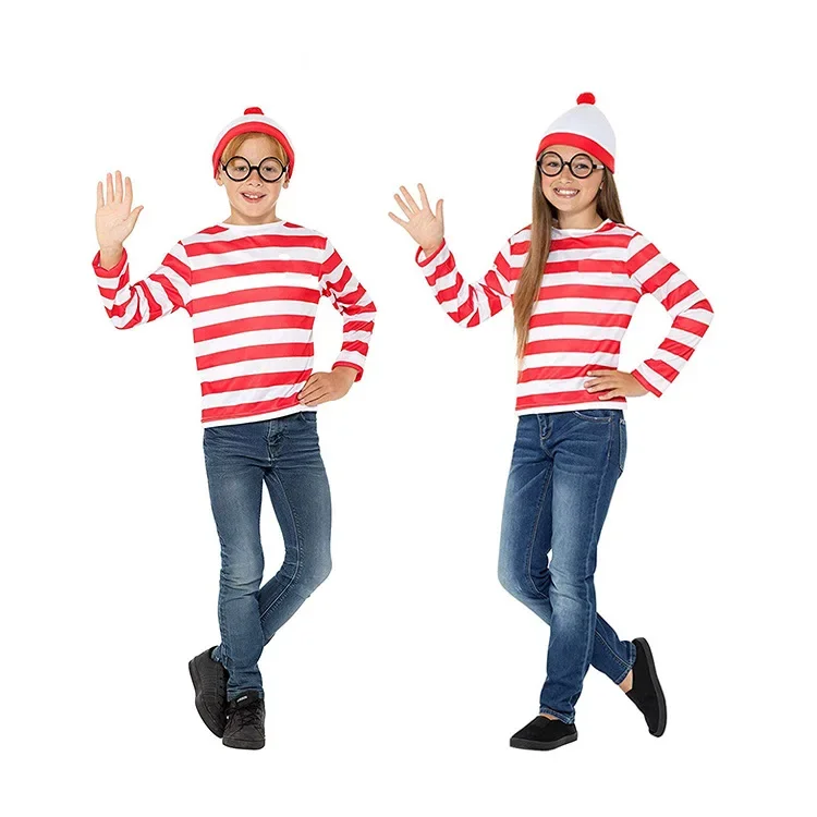 Wo ist Waldo? Gestreiftes Hemd für Kinder und Jugendliche, Wally-Kostüm mit Brille, Mütze und Socken, Unisex-Karnevalskostüm für Erwachsene