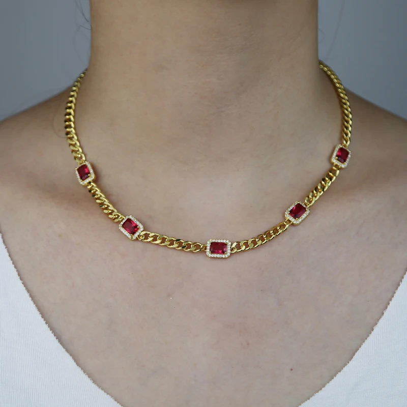 Hiphop Miami Cuban Link Chain Necklace for Women Iced Out Geometric Square CUbic Zirconia 5mm Stone Gold Color Fashion Jewelry image 4