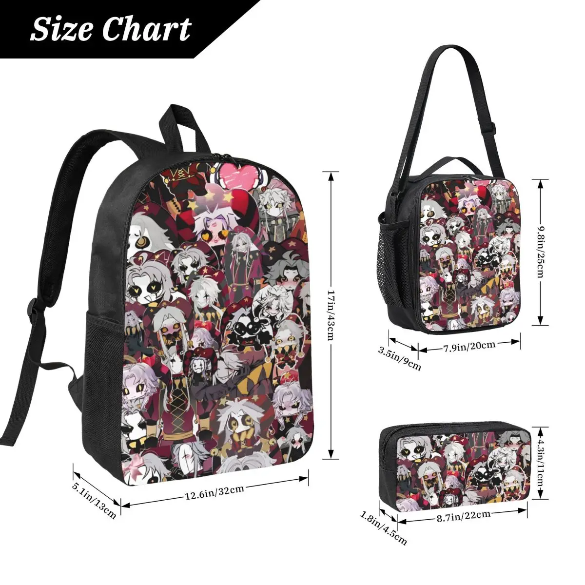 3Pcs Pierrots The Freak Circus merch Backpack Set for Girls Boys Pencil Boxes Bookbag Sets with Lunch Box For Students Daypack
