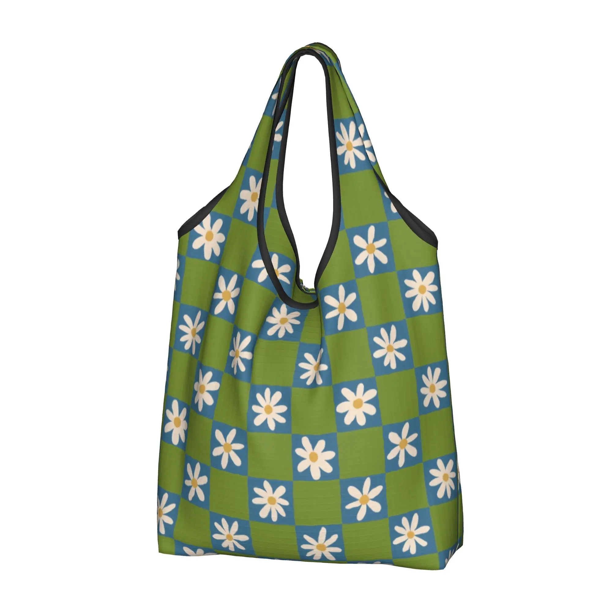 Kawaii Daisy Checkerboard Flowers  Shopping Tote Bag Portable Sea Greenery Grocery Shoulder Shopper Bag