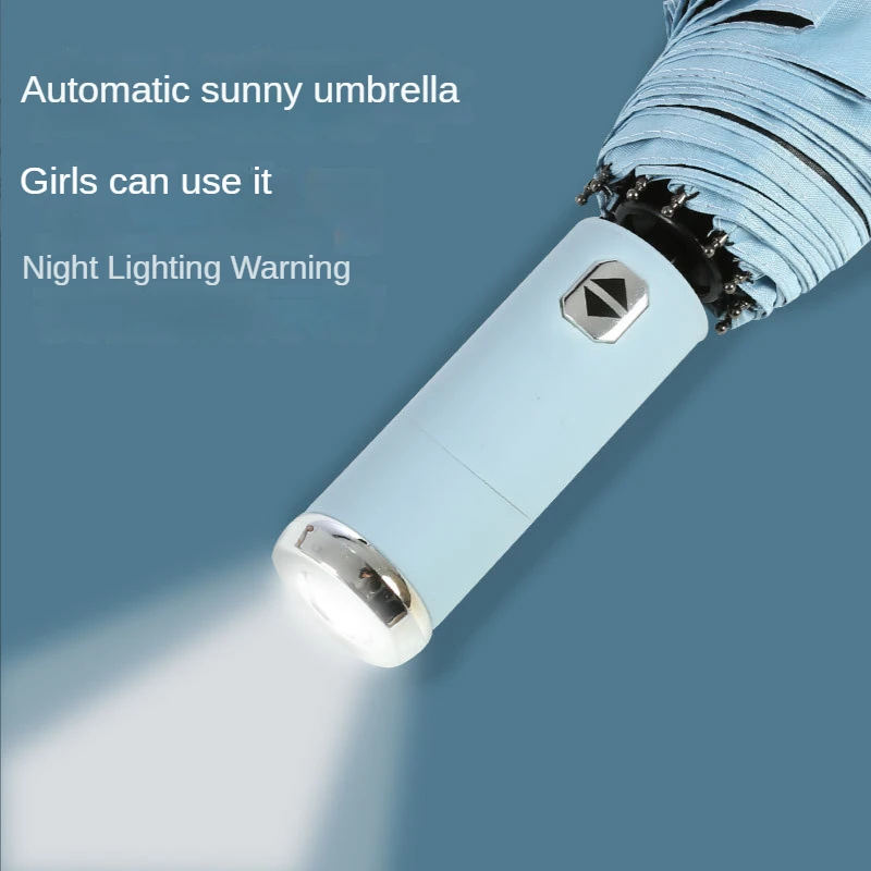 Fully automatic rain and shine dual-use shrink large strong wind-resistant sunscreen flashlight lighting