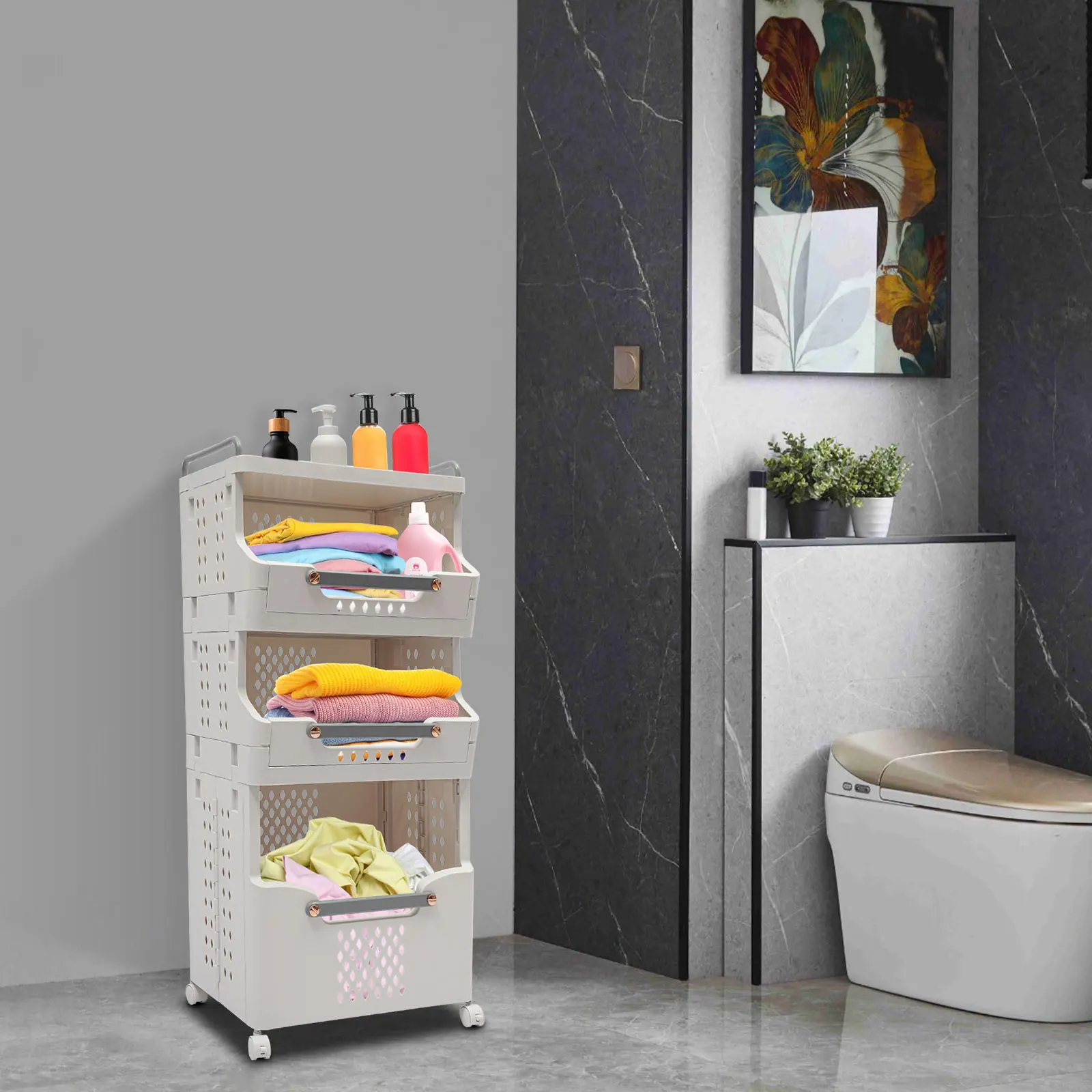 

3-х уровневая складная корзина для белья (41,6x29,7x88,8 см) — белый + серый полипропилен, 4 бесшумных колеса (2 привязанные), нагрузка 55,12 фунтов для прачечной