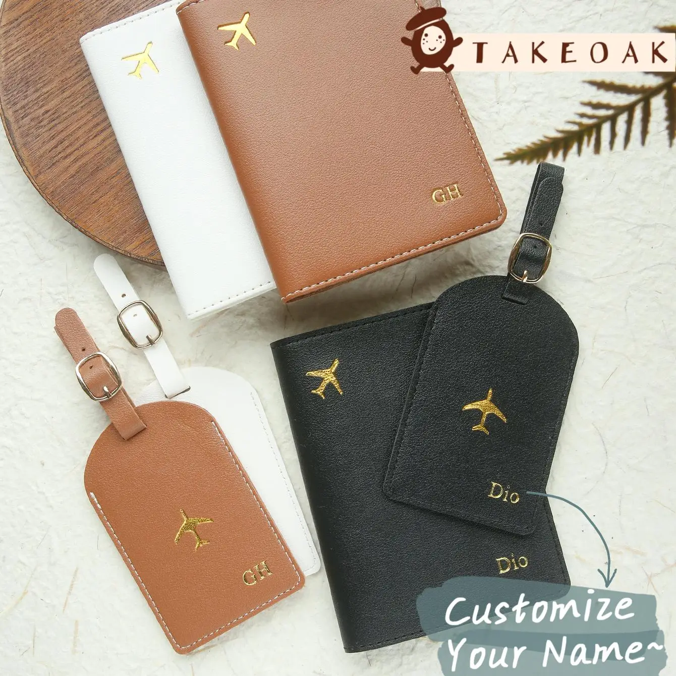 Minimal Gold Emboss Custom Foil Name Passport Holder & Luggage Tag Set Combo Portable Travel Organizer Vacation Souvenir Gift