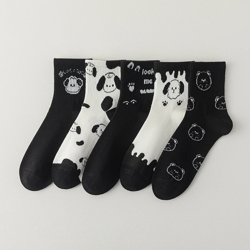 Kawaii Women Crew Socks Japanese Korean Style Cartoon Animal Cat Dog Panda Pattern Streetwear Black White Casual Female Socks