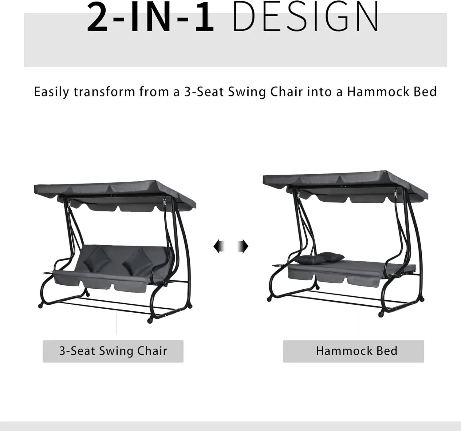 Cadeira de balanço para pátio externo de 3 lugares Outsunny, mesa de conversão, planador de balanço externo com dossel ajustável, almofada removível e