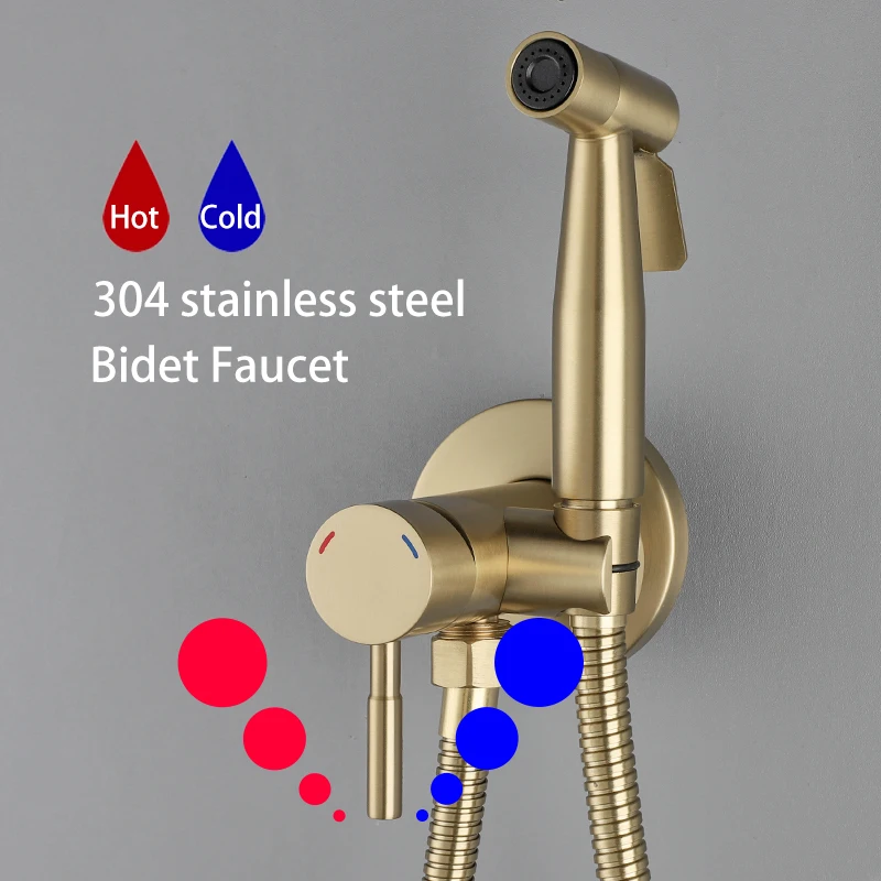 ULA Bidet Faucet Brushed Gold Portable Toilet Bidet Faucet Hot Cold Water Mixer Bathroom Shattaf Valve Jet Set Stainless Steel