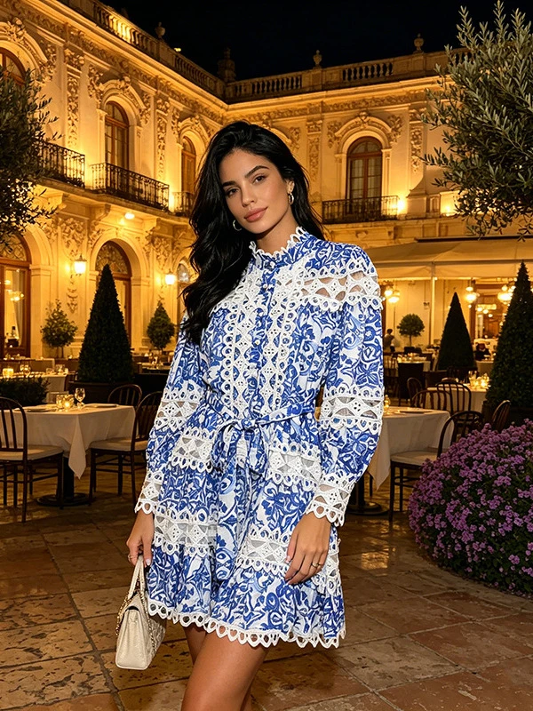 Bohemian Style Women's 2026 Autumn New Arrival Printed Cutout Lantern Sleeve Ruffled Stand-Up Collar Short Dress traf