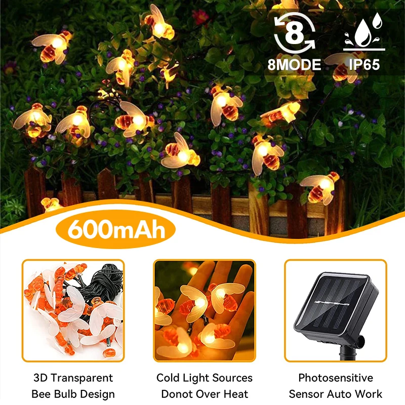 

Bee Shaped Solar String Light Outdoor Waterproof LED Honeybee Fairy Lights Garden Patio Yard Birthday Wedding Party Decor Lamp