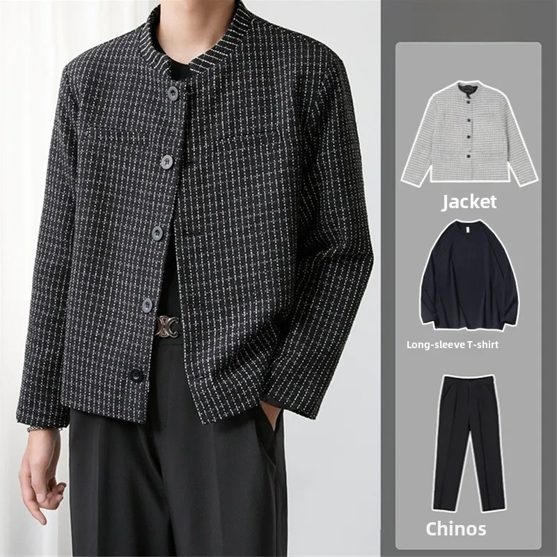 

2025 New Men's Small Fraance Sle Cheered Suit Jaet ort Pad oulder Stand Collar Men's Faion Autumn Winter Coat