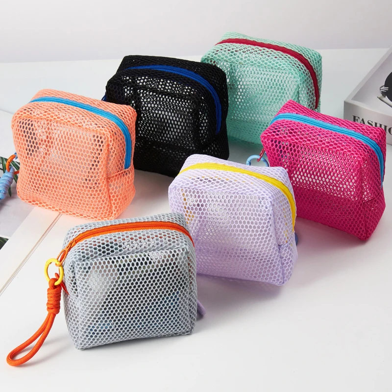 

Small Square Solid Color Coin Bag Nylon Mesh Lipstick Key Earphone Organizer Holder Bus Bank ID Credit Cards Pouch Case Storage