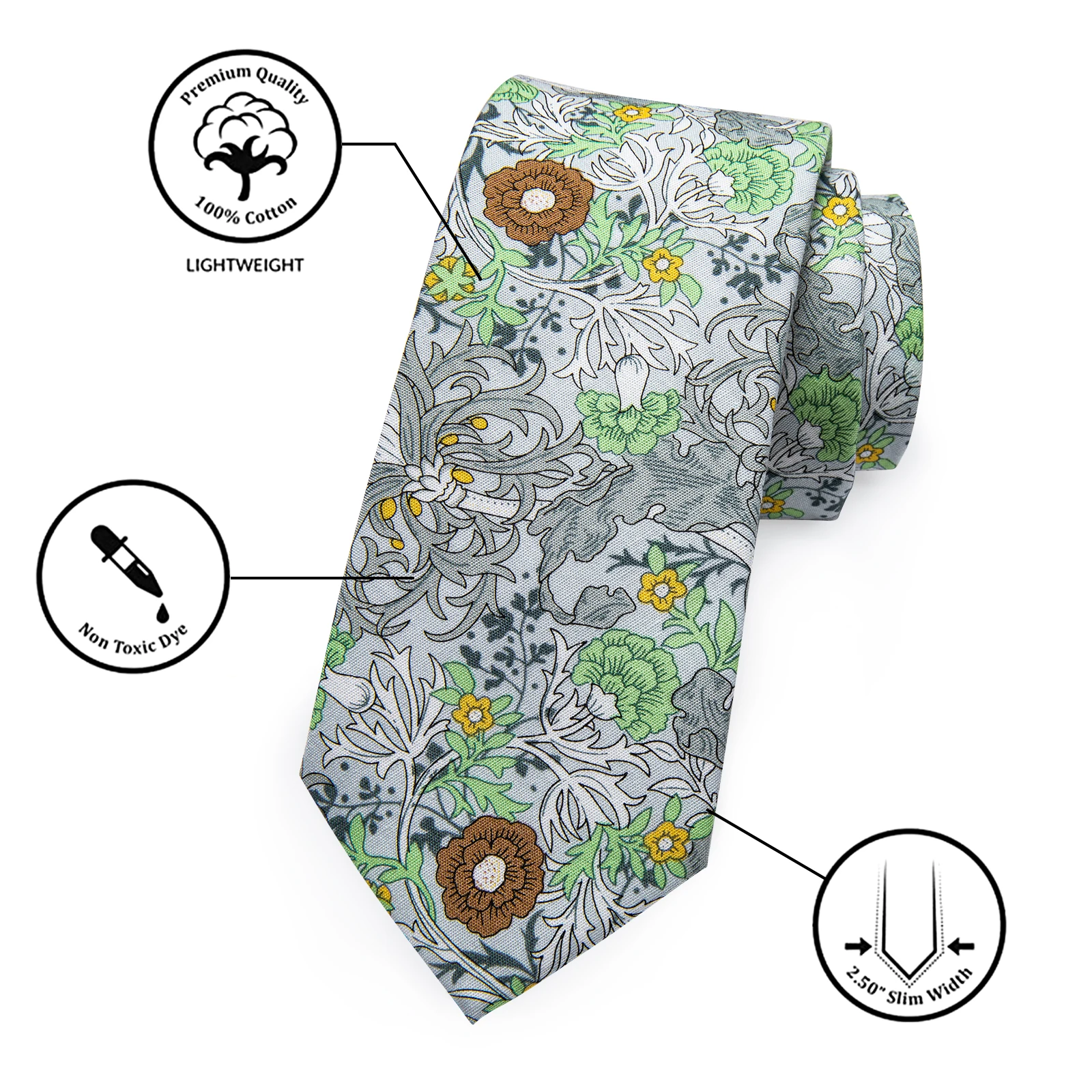 Cyan-blue Men's Tie with Brown Gray Green Floral Pattern Cotton Necktie for Man Wedding Shirt Waistcoat Accessories Dropshipping