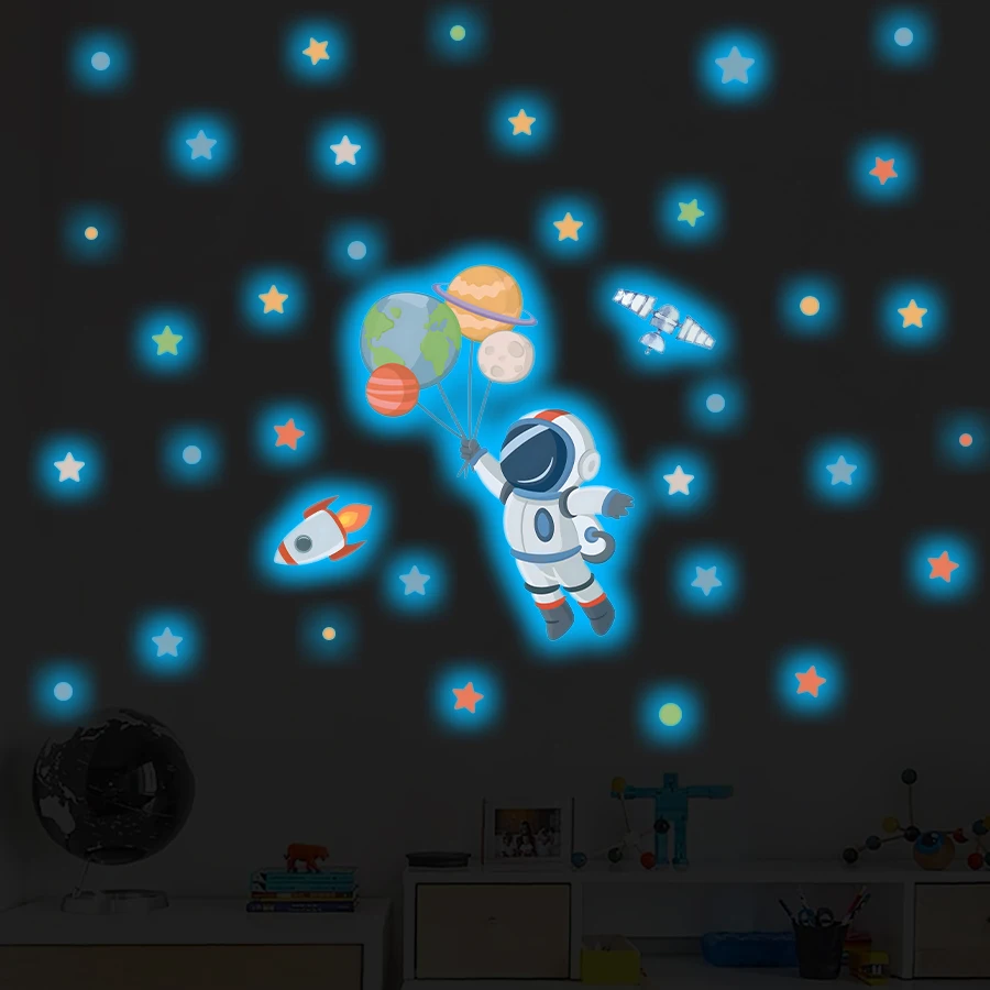 Glow-in-the-Dark Astronaut Wall Stickers With Stars - Space Theme Kids Room Decor Self-Adhesive Decals For Bedroom & Game Room