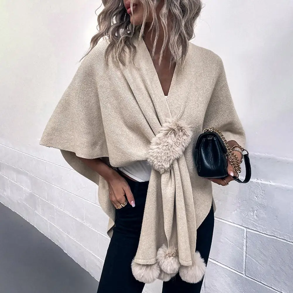 Popular Women Knitted Shawl  Solid Color Female Women Cloak Sweater  Relaxed Fit Irregular Cape Coat Poncho