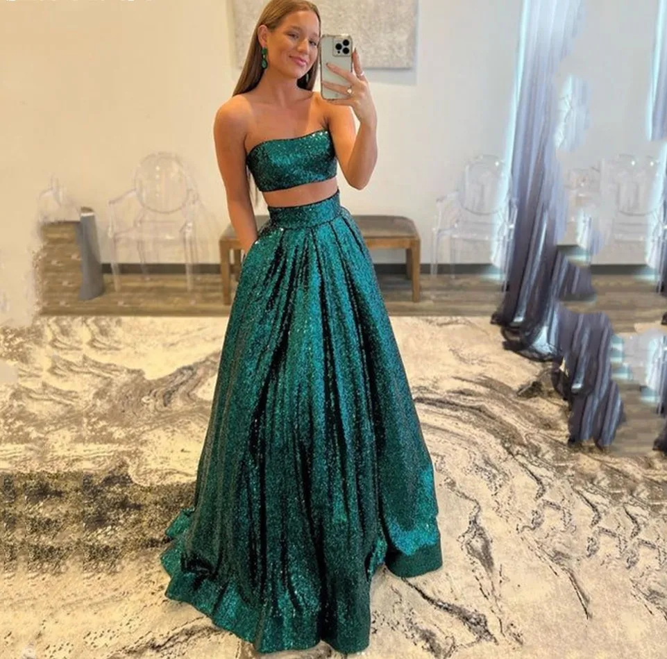 

Glitter Dark Green Two Pieces Evening Party Dresses Sexy Strapless Sequined Formal Prom Gowns Robe De Soiree