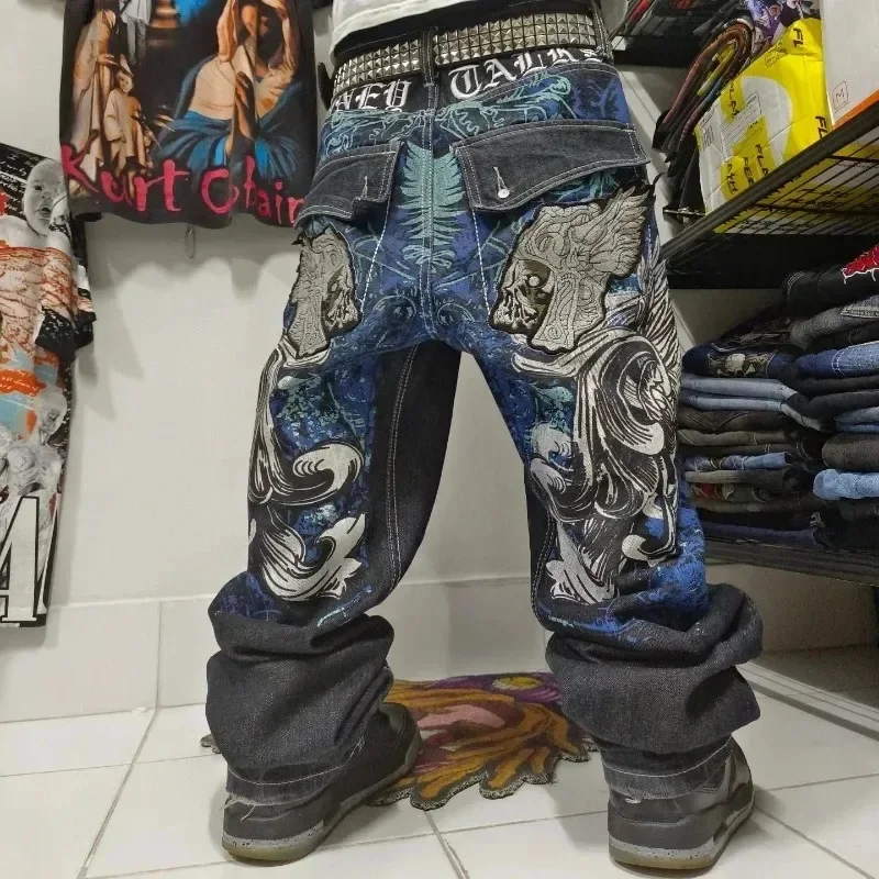 Calça Gótica Retro Solta Masculina, Harajuku, Cintura Alta, Casual, Perna Larga, Grande, Jeans Estampado, Rua, Moda Rock, Novo, Y2K