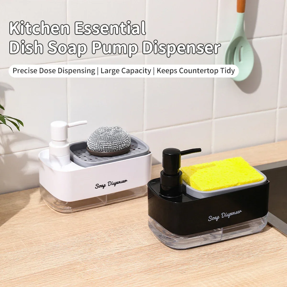 

Hand soap and dishwashing liquid dispenser set, detergent dispenser, sponge holder, 2-in-1 desktop soap pump dispenser