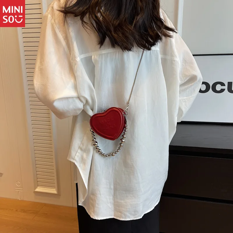 

Miniso Wine Red Embossed Crossbody Bag, Chic Mini Shoulder Purse with Heart Design