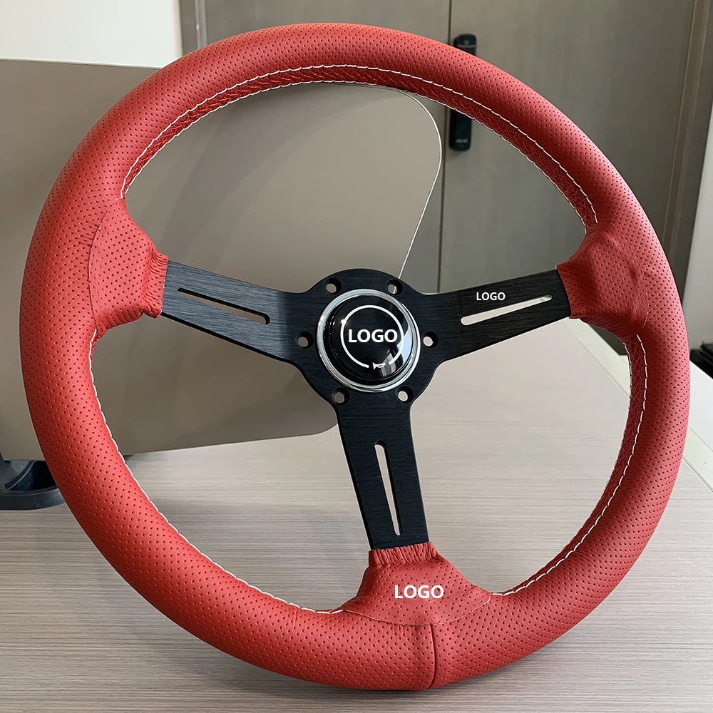 

TIYPEOR 14inch 350mm Red Perforated Leather Steering Wheel Universal Racing Drifting Steering Wheel Black Spoke