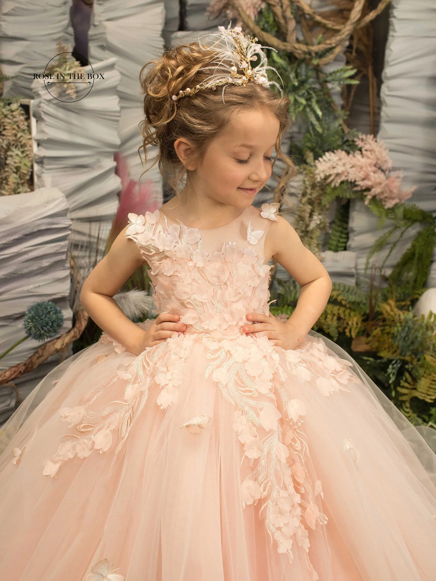 Vestidos de encaje rosa perla para niña, vestidos florales de tul para bodas, vestido de baile de dama de honor Junior, vestido de primera comunión,