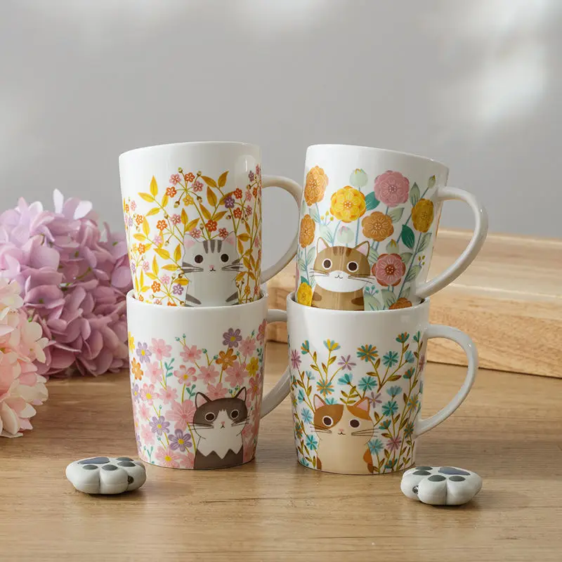 Japanese Cat Ceramic Mug, Cute Coffee Mugs, Cherry Blossom Cat Breakfast Milk Cups, Office Home Couple Water Cup, Birthday Gift