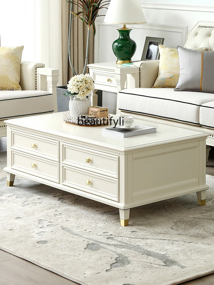 Luxury Solid Wood Living Room White Coffee Table TV Cabinet Combination So Easy So Beauty Storage Six-Drawer Coffee Tea Table